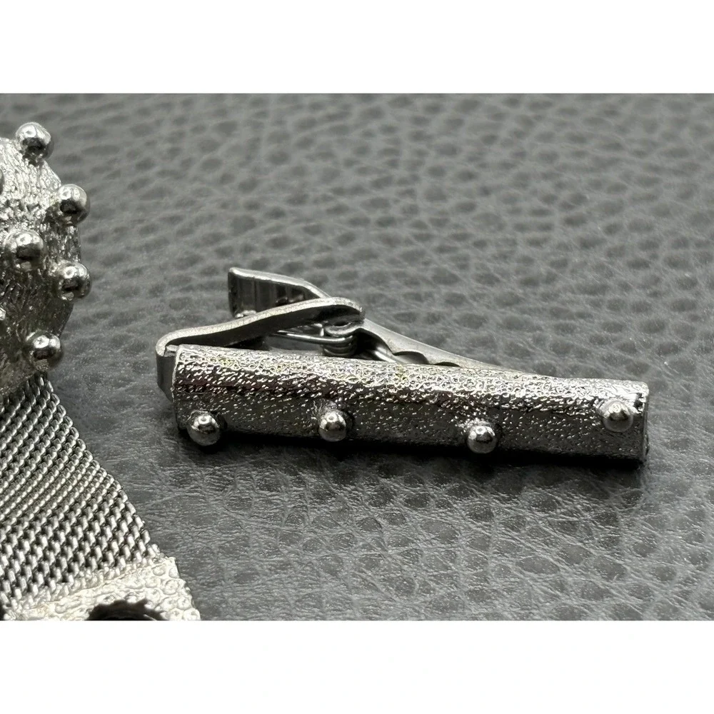 VTG Modernist Atomic MCM Stud Mesh Wrap Cufflinks Tie Clip Set Silver Tone